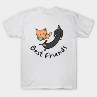 Best Friends - Orange Cat and Dachshund - Doxie and Kitten Cartoony T-Shirt